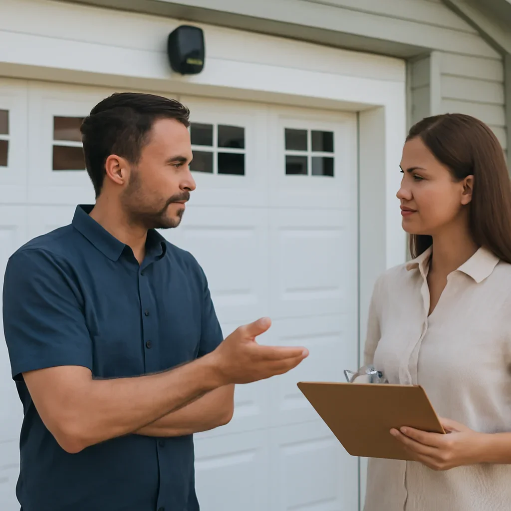 Homeowner or property manager discussing garage door opener repair in Bolivar Heights Surrey