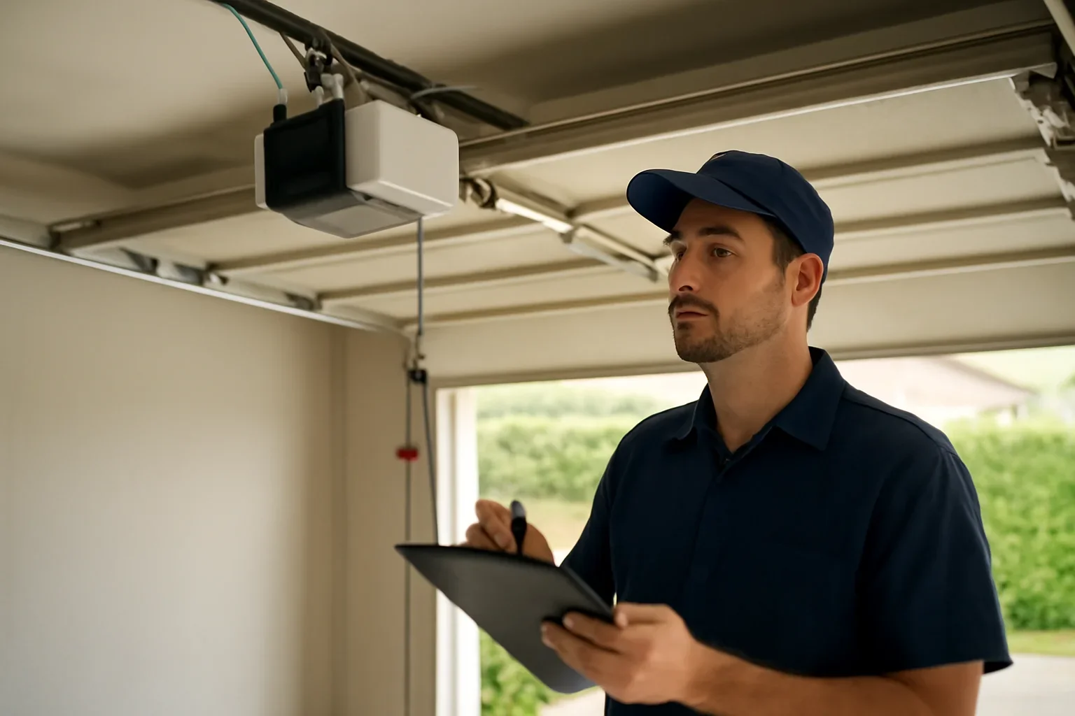 Garage door technician reviewing garage door opener repair in Bolivar Heights Surrey