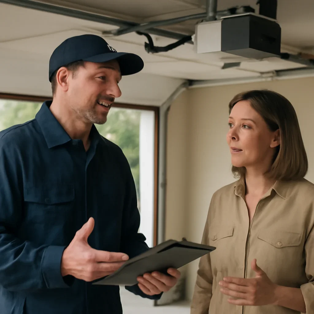 Homeowner or property manager discussing garage door opener repair in Bridgeview Surrey