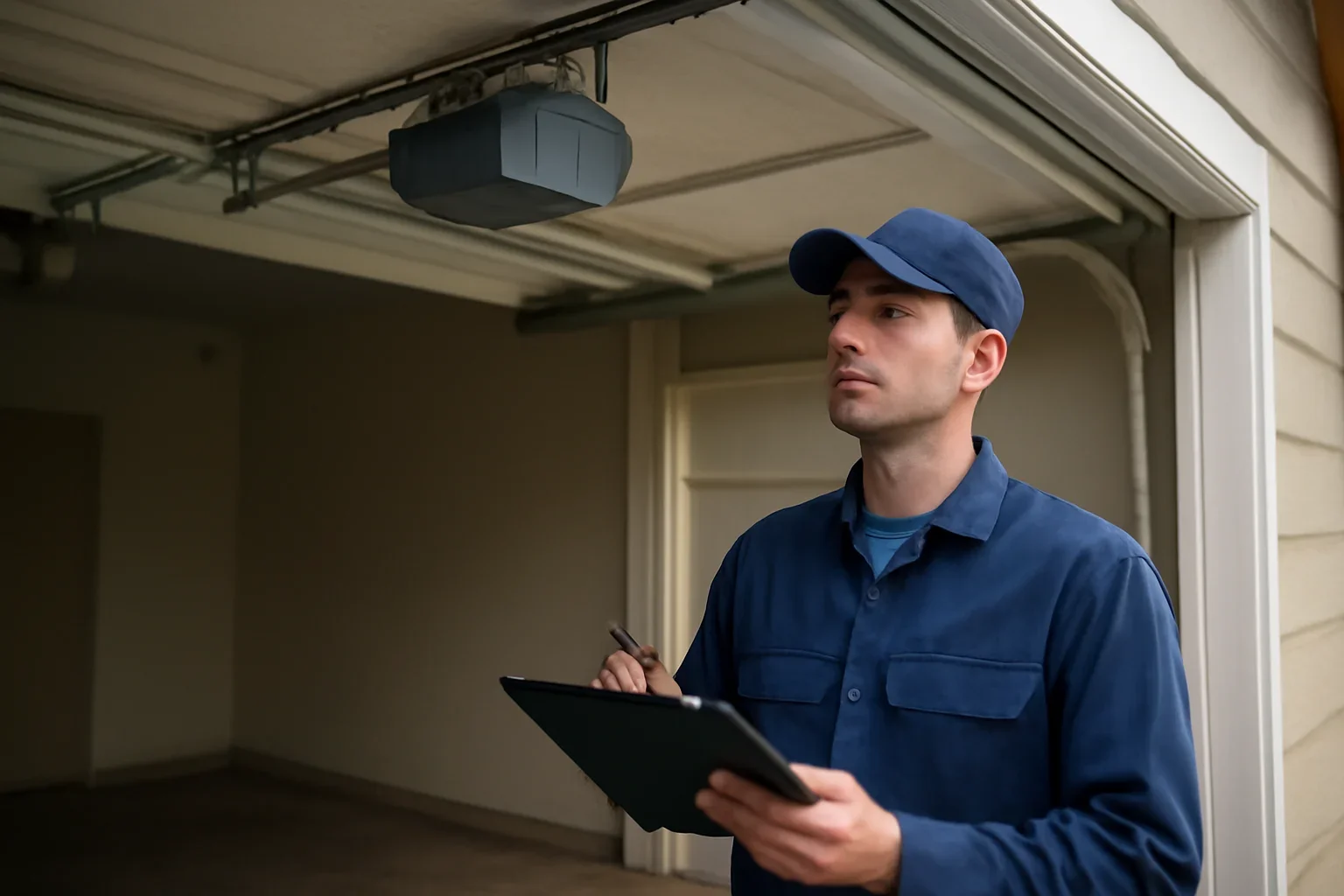 Garage door technician reviewing garage door opener repair in Bridgeview Surrey