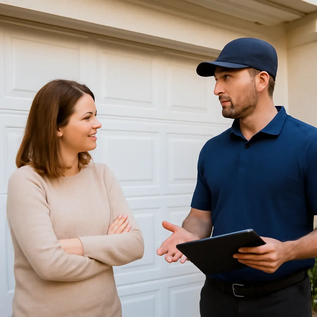 Business owner or property manager discussing garage door opener repair in Campbell Heights Surrey
