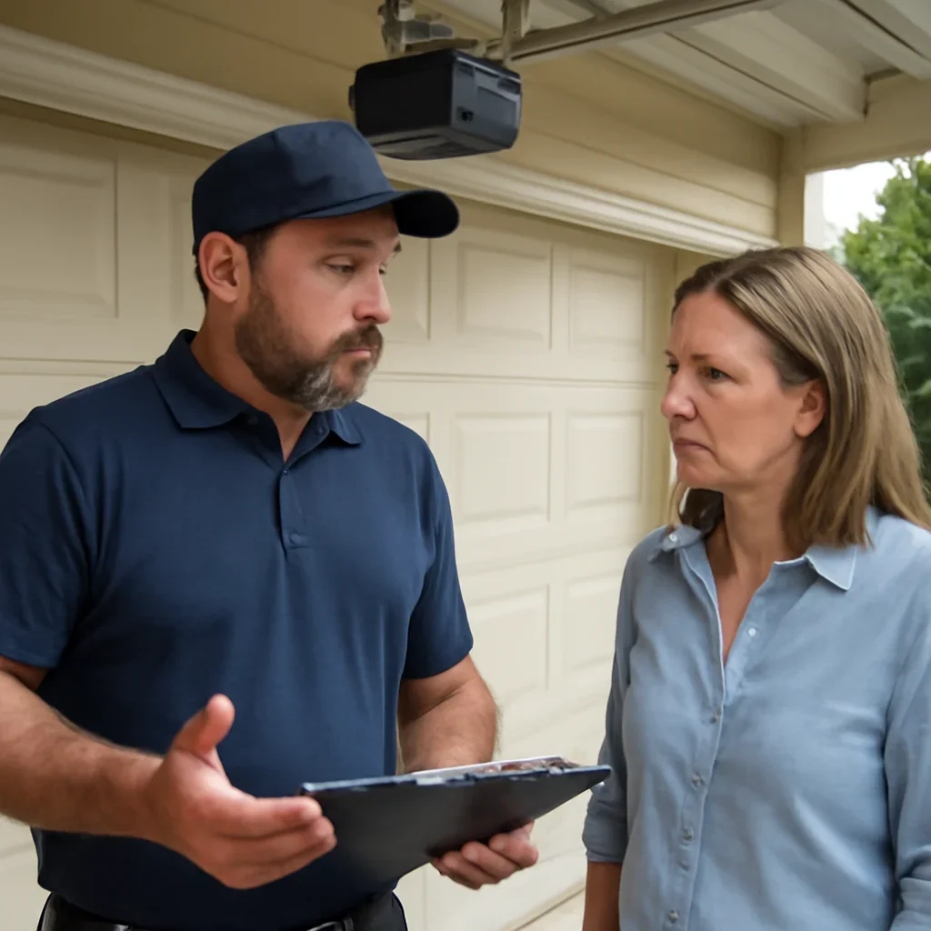 Homeowner discussing garage door opener repair in Cedar Hills Surrey