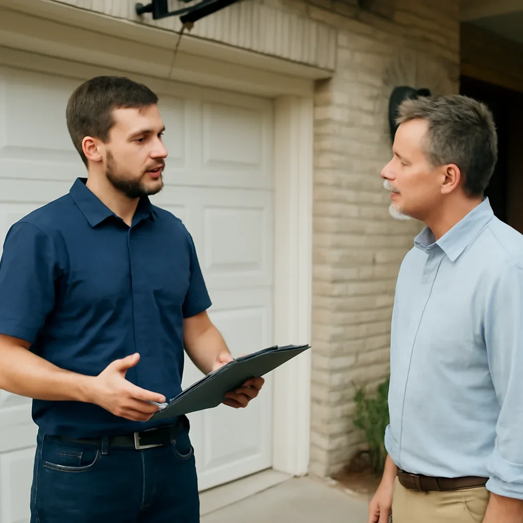 Homeowner discussing garage door opener repair in Chimney Hill Surrey