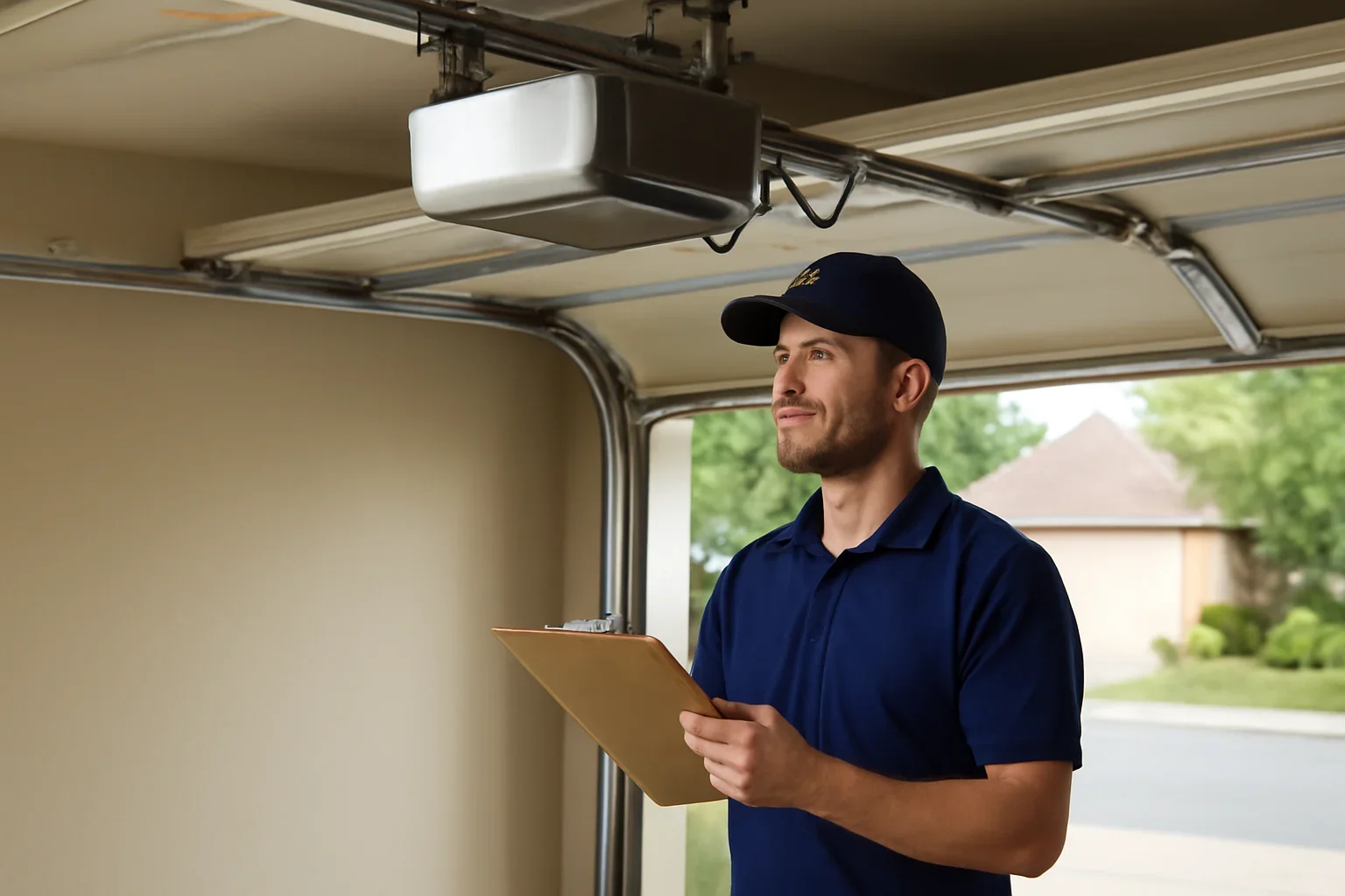 Garage door technician reviewing opener repair in Chimney Hill Surrey