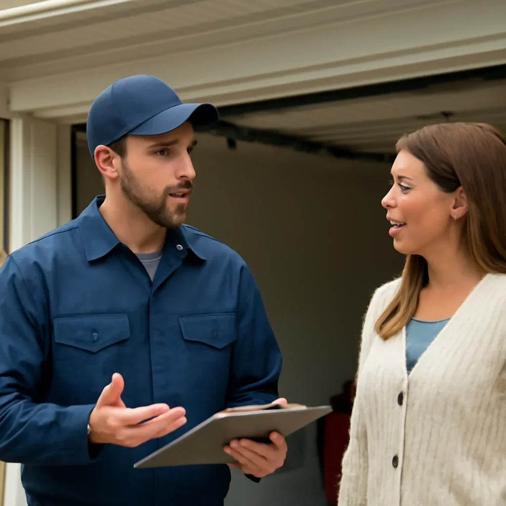Homeowner discussing garage door opener repair in Clayton Heights Surrey
