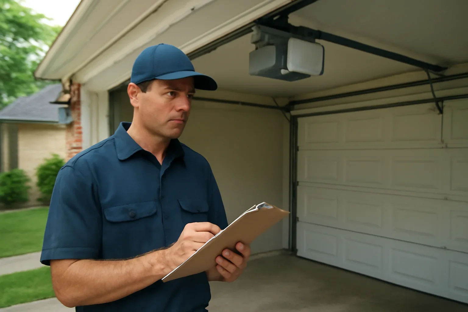 Garage door technician reviewing garage door opener repair in Clayton Heights Surrey