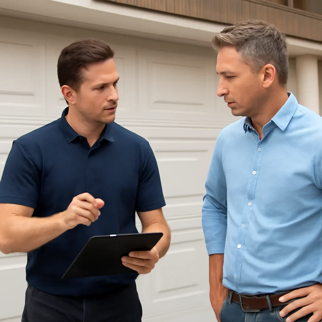 Homeowner or property manager discussing garage door opener repair in Cloverdale Surrey