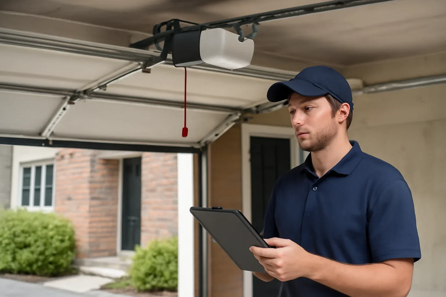 Garage door technician reviewing garage door opener repair in Cloverdale Surrey
