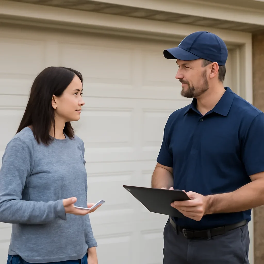 Homeowner or property manager discussing garage door opener repair in Cloverdale Town Centre Surrey