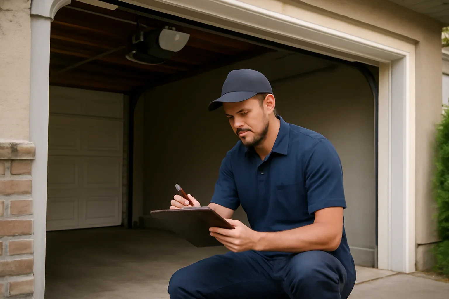 Garage door technician reviewing garage door opener repair in Cloverdale Town Centre Surrey