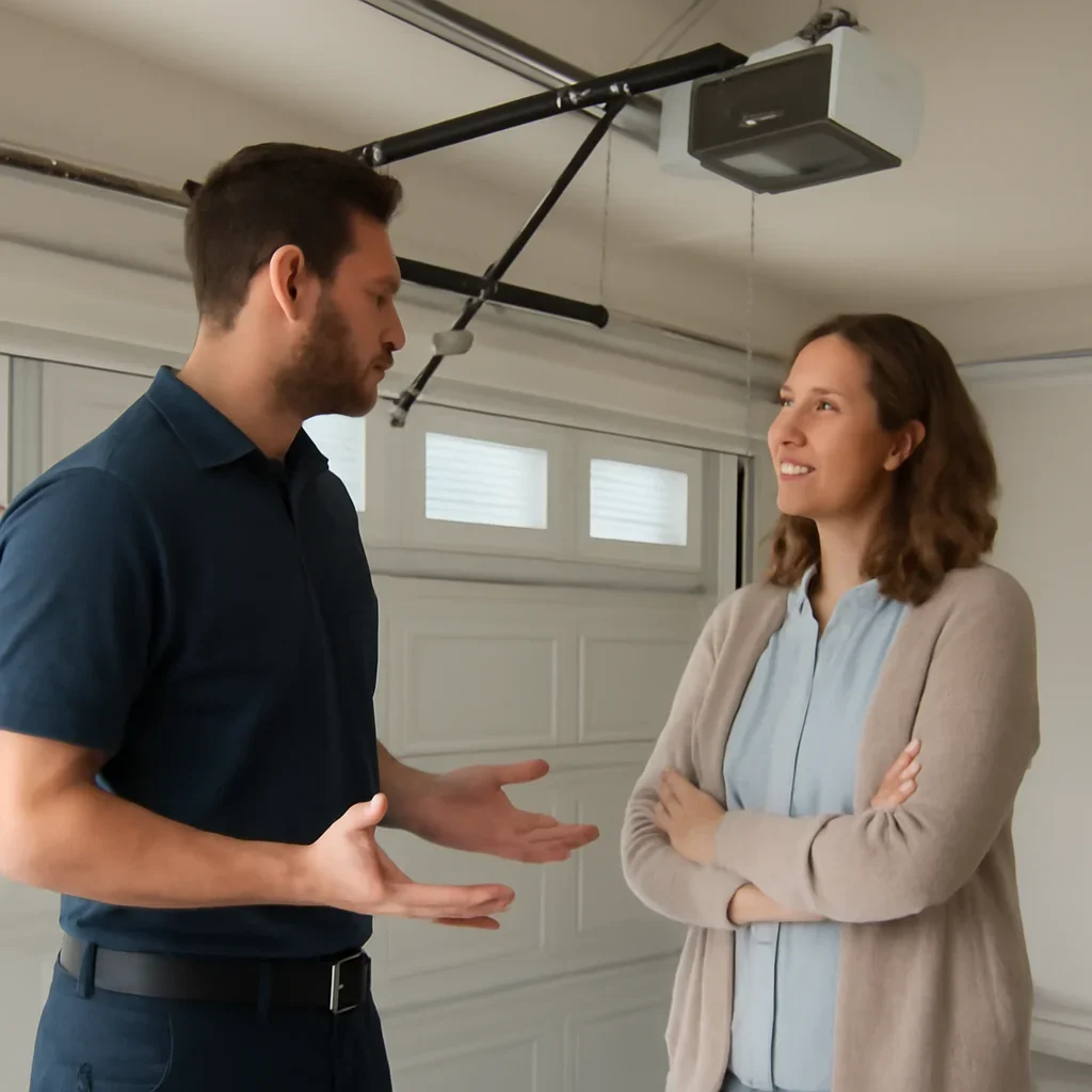 Homeowner or property manager discussing garage door opener repair in Crescent Beach Surrey