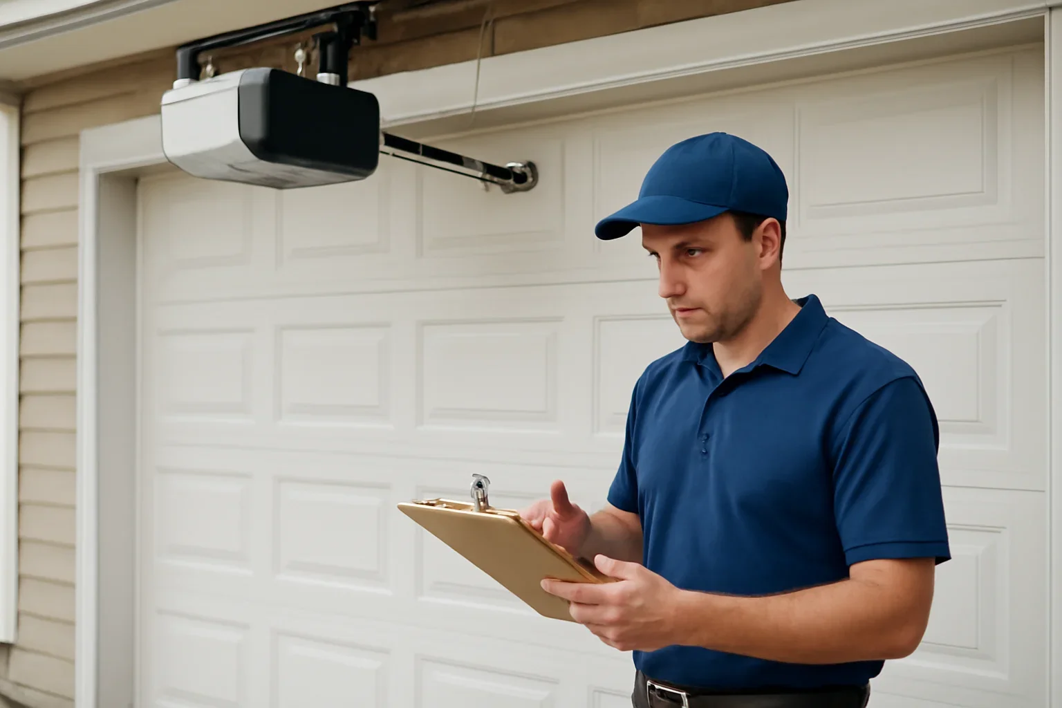 Garage door technician reviewing garage door opener repair in Crescent Beach Surrey