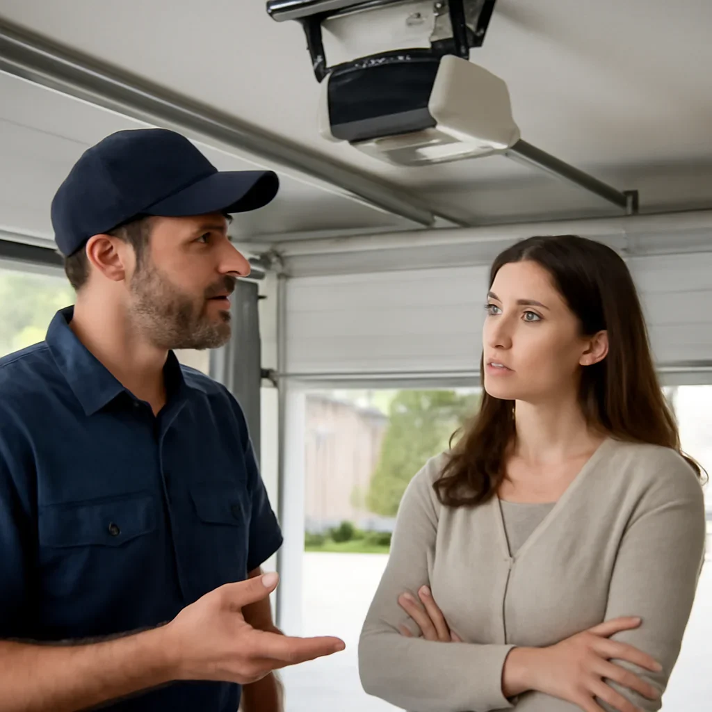 Homeowner or property manager discussing garage door opener repair in Douglas Surrey