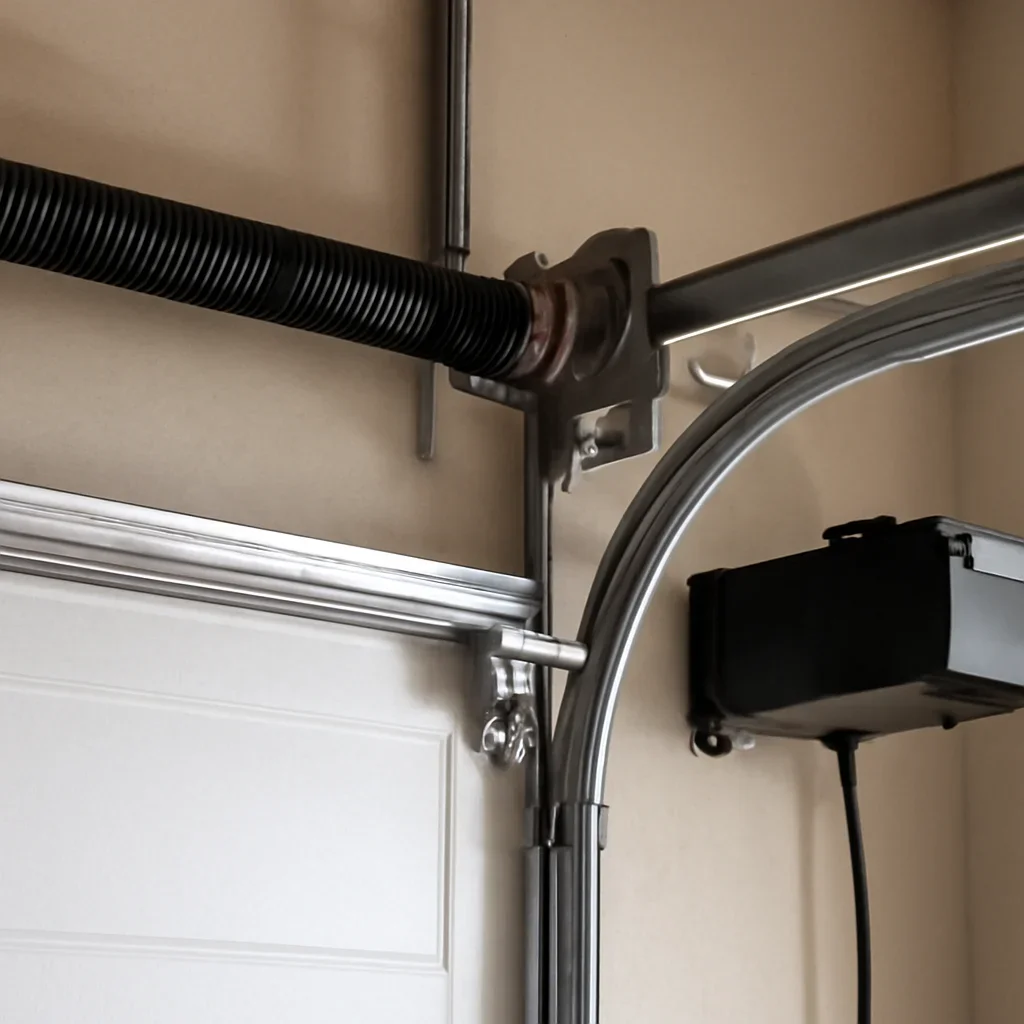 Close view of garage door opener and hardware components in Douglas Surrey