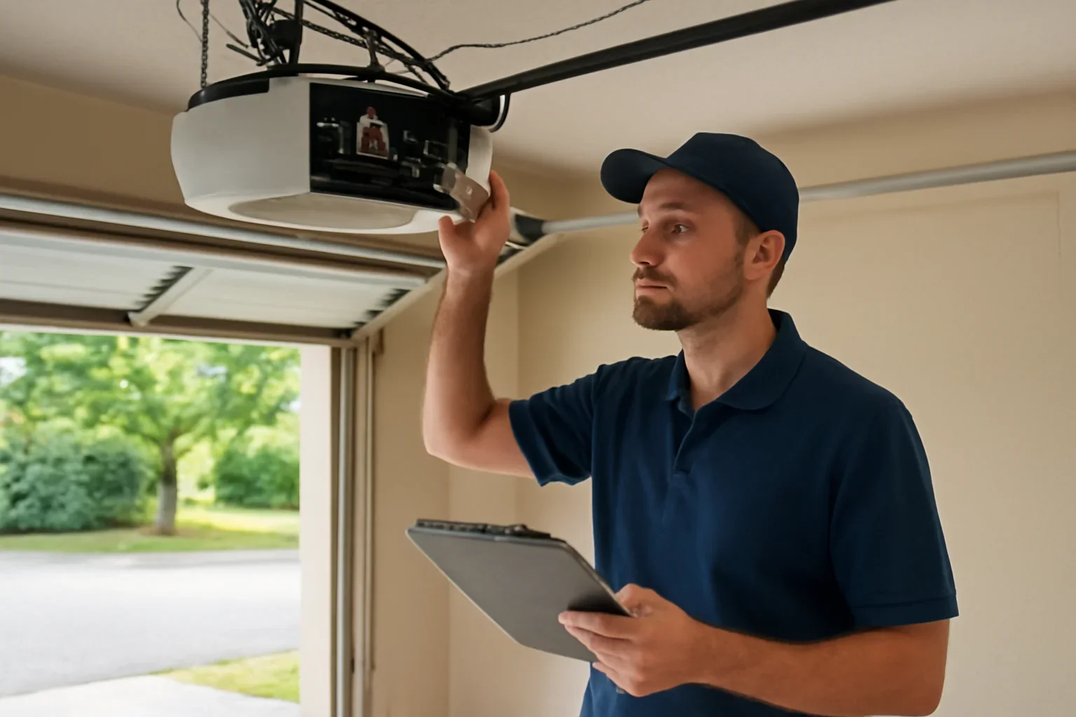 Garage door technician reviewing garage door opener repair in Douglas Surrey
