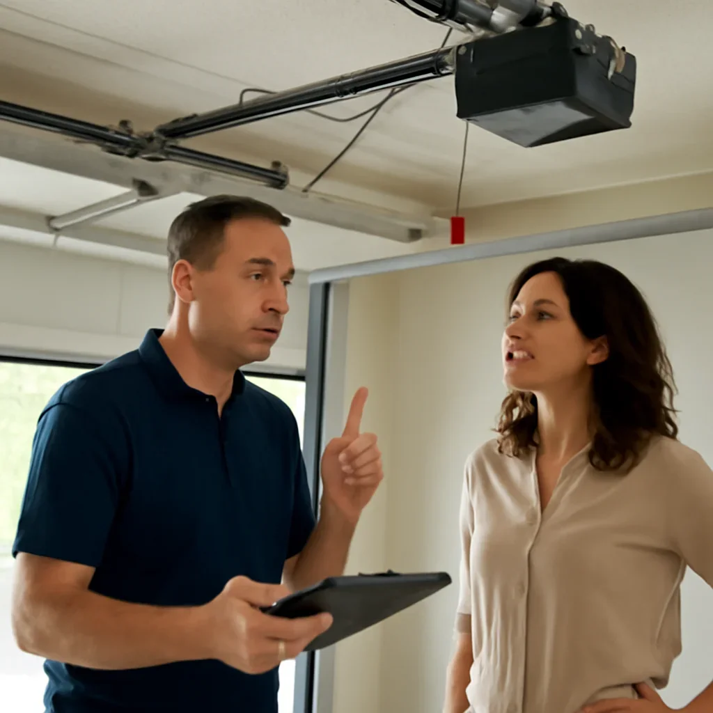 Homeowner or property manager discussing garage door opener repair in East Clayton Surrey