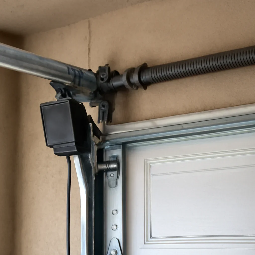 Close view of garage door opener and hardware components in East Clayton Surrey