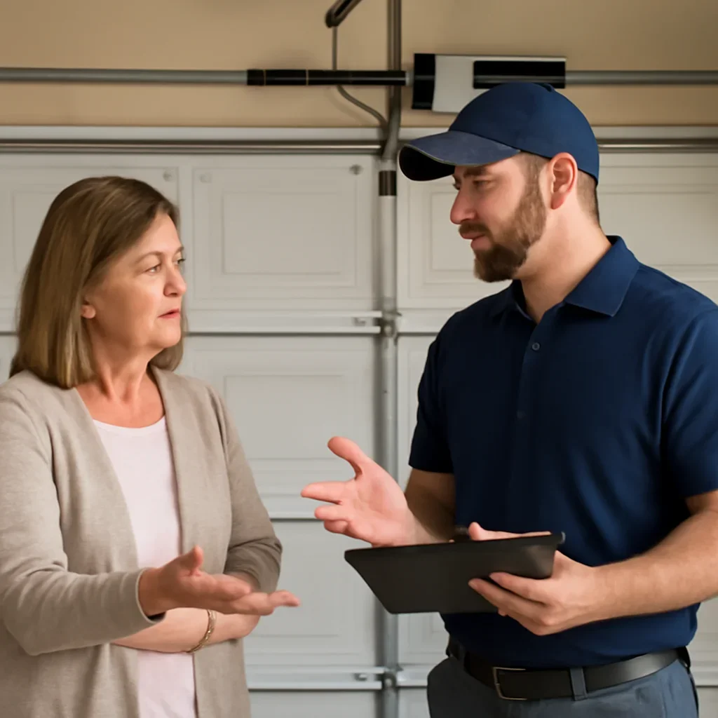 Homeowner or property manager discussing garage door opener repair in East Newton Surrey