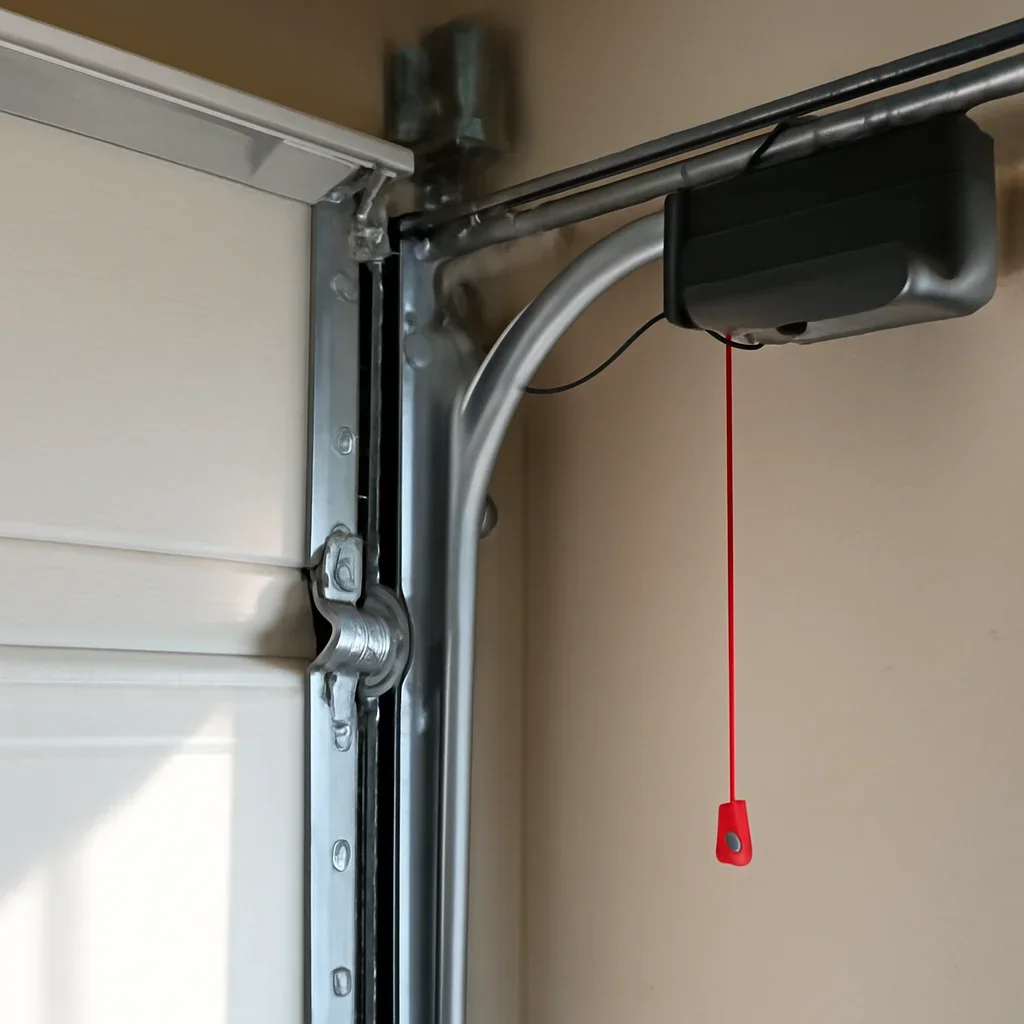 Close view of garage door opener and hardware components in East Newton Surrey