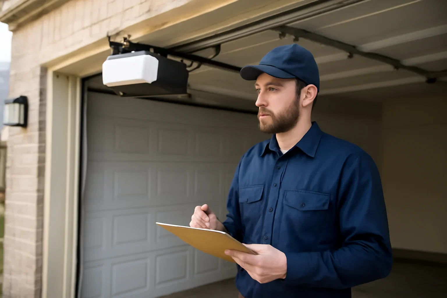Garage door technician reviewing garage door opener repair in East Newton Surrey