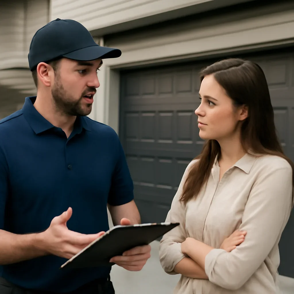 Homeowner discussing garage door opener repair in Fleetwood Surrey
