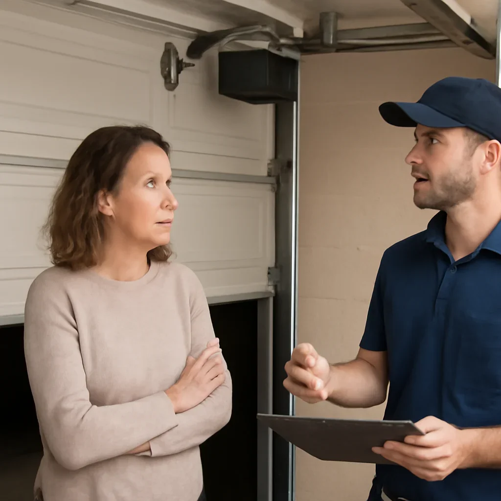 Homeowner discussing garage door opener repair in Fleetwood Park Surrey