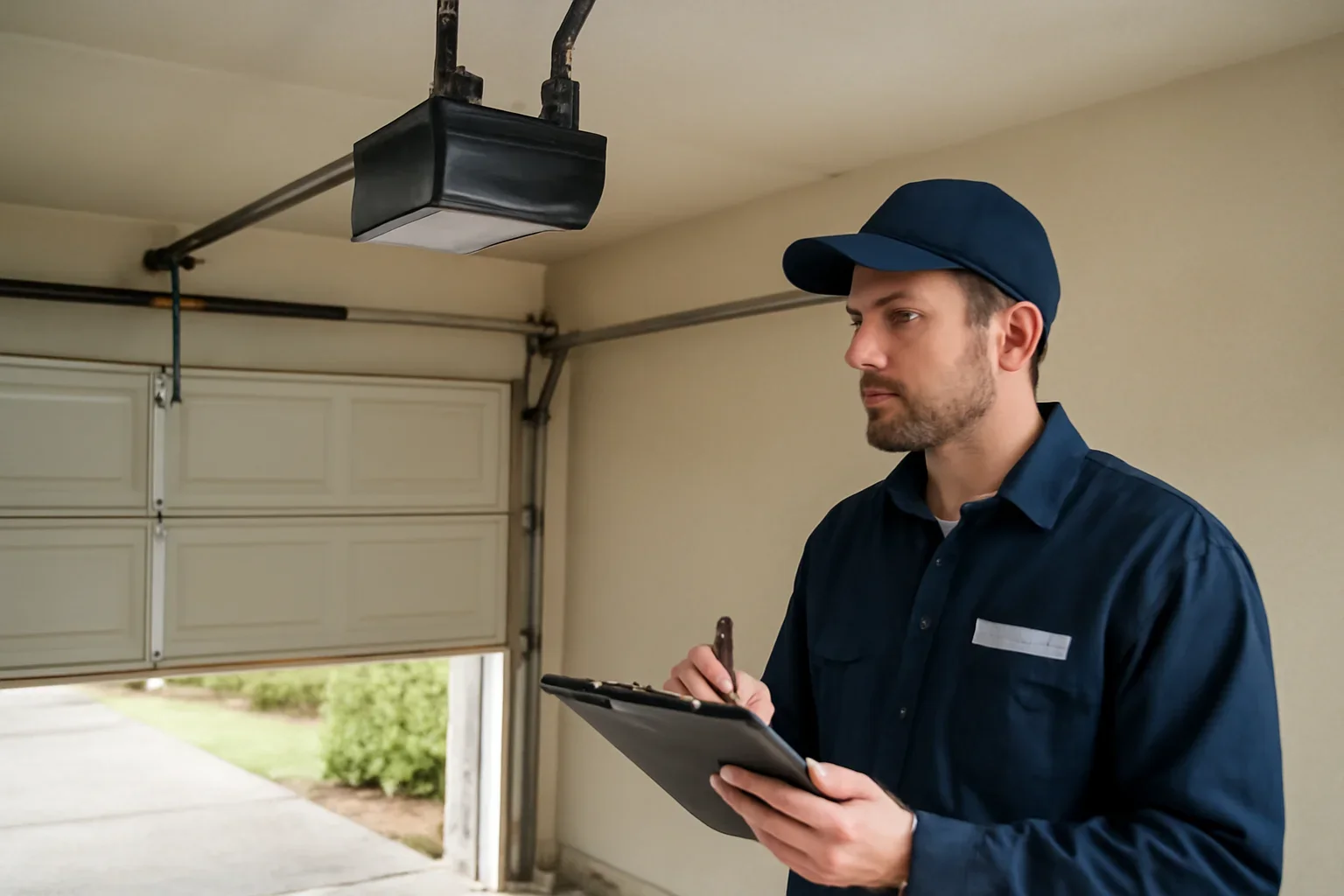 Garage door technician reviewing garage door opener repair in Fleetwood Park Surrey