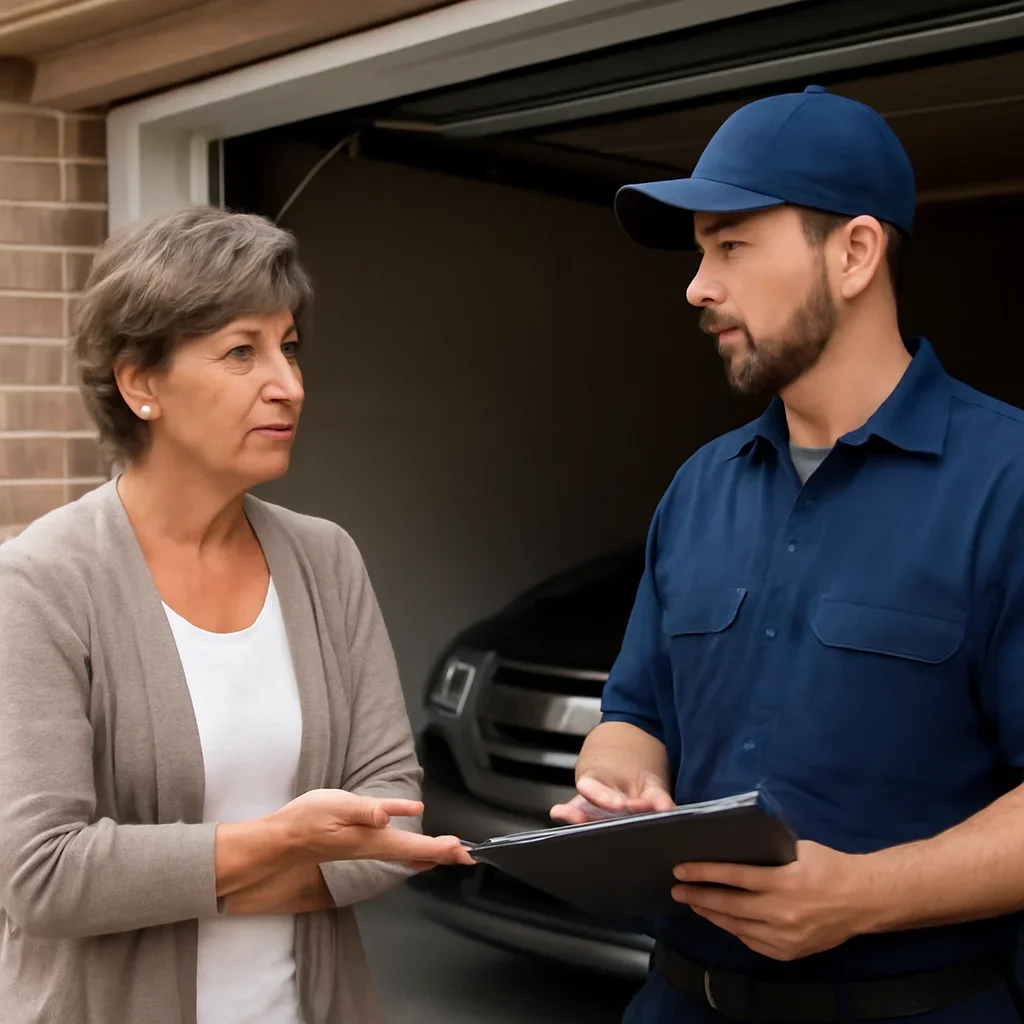 Homeowner or property manager discussing garage door opener repair in Fleetwood Town Centre Surrey