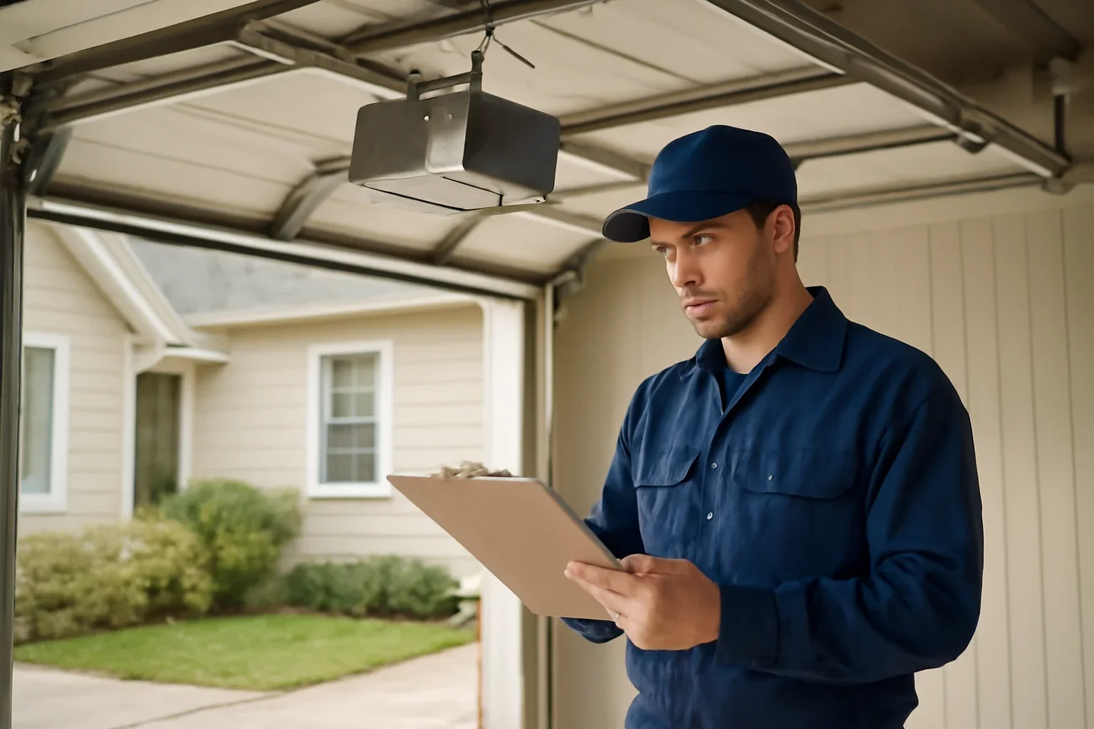 Garage door technician reviewing garage door opener repair in Fleetwood Town Centre Surrey