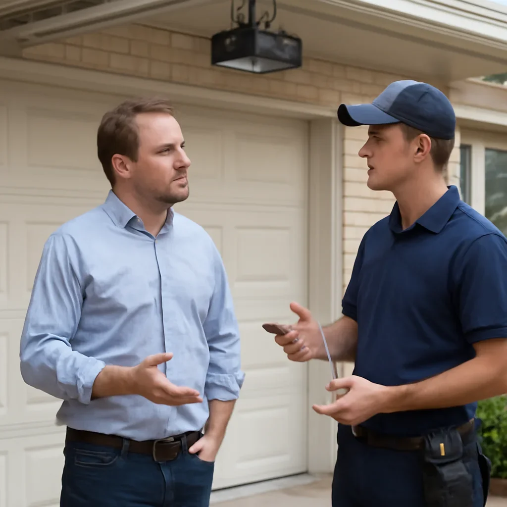 Homeowner discussing garage door opener repair in Fraser Heights Surrey