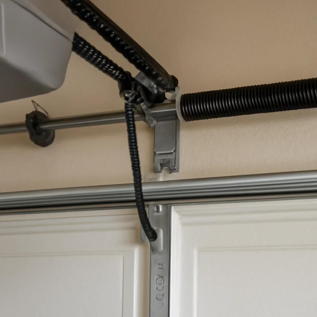 Close view of garage door opener components inspected during Fraser Heights Surrey repair service