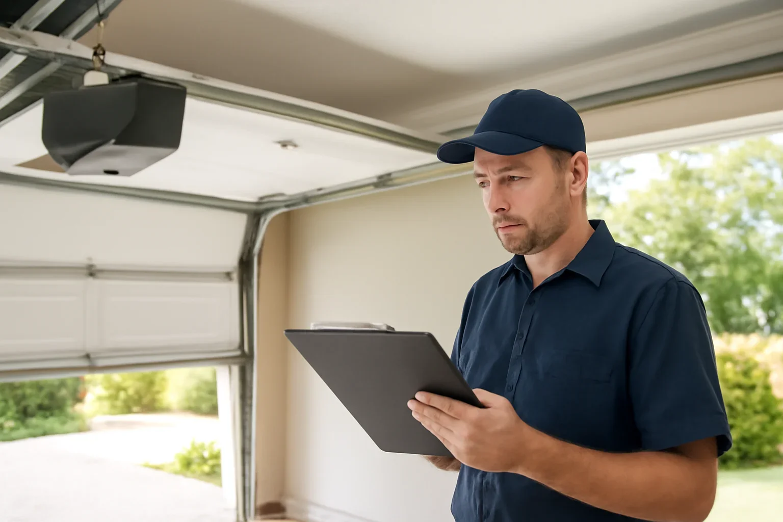 Garage door technician reviewing garage door opener repair in Fraser Heights Surrey