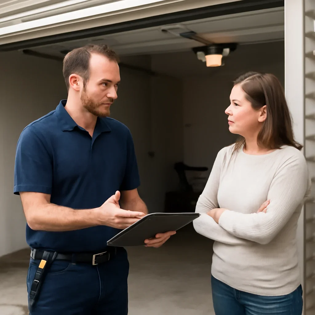 Homeowner discussing garage door opener repair in Grandview Heights Surrey