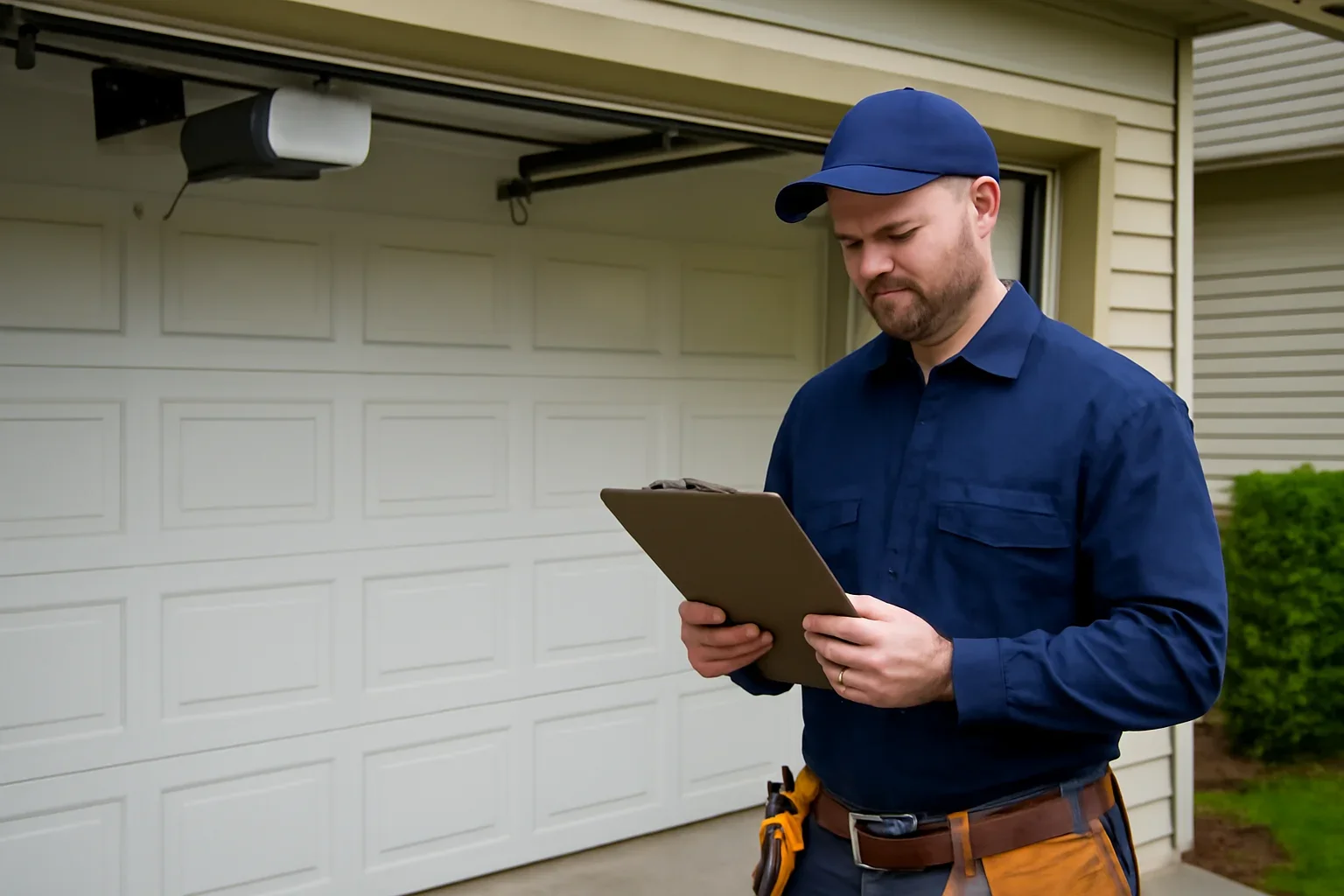 Garage door technician reviewing garage door opener repair in Grandview Heights Surrey