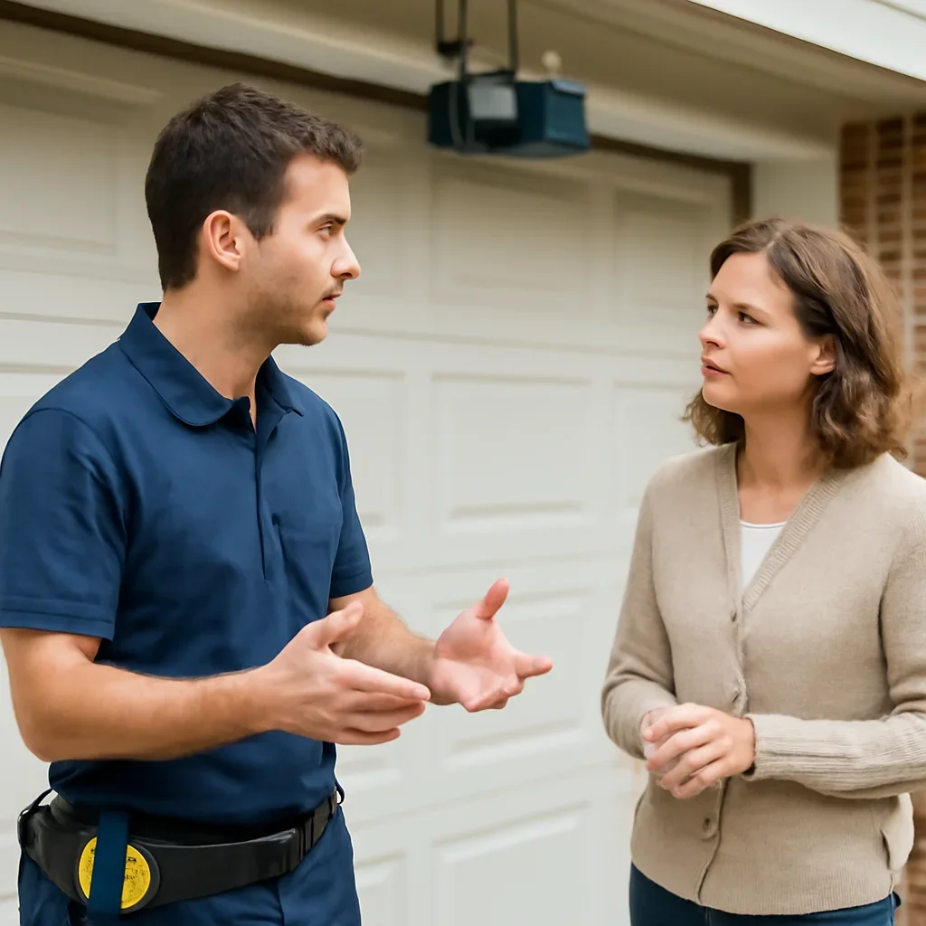 Homeowner or property manager discussing garage door opener repair in Guildford Surrey