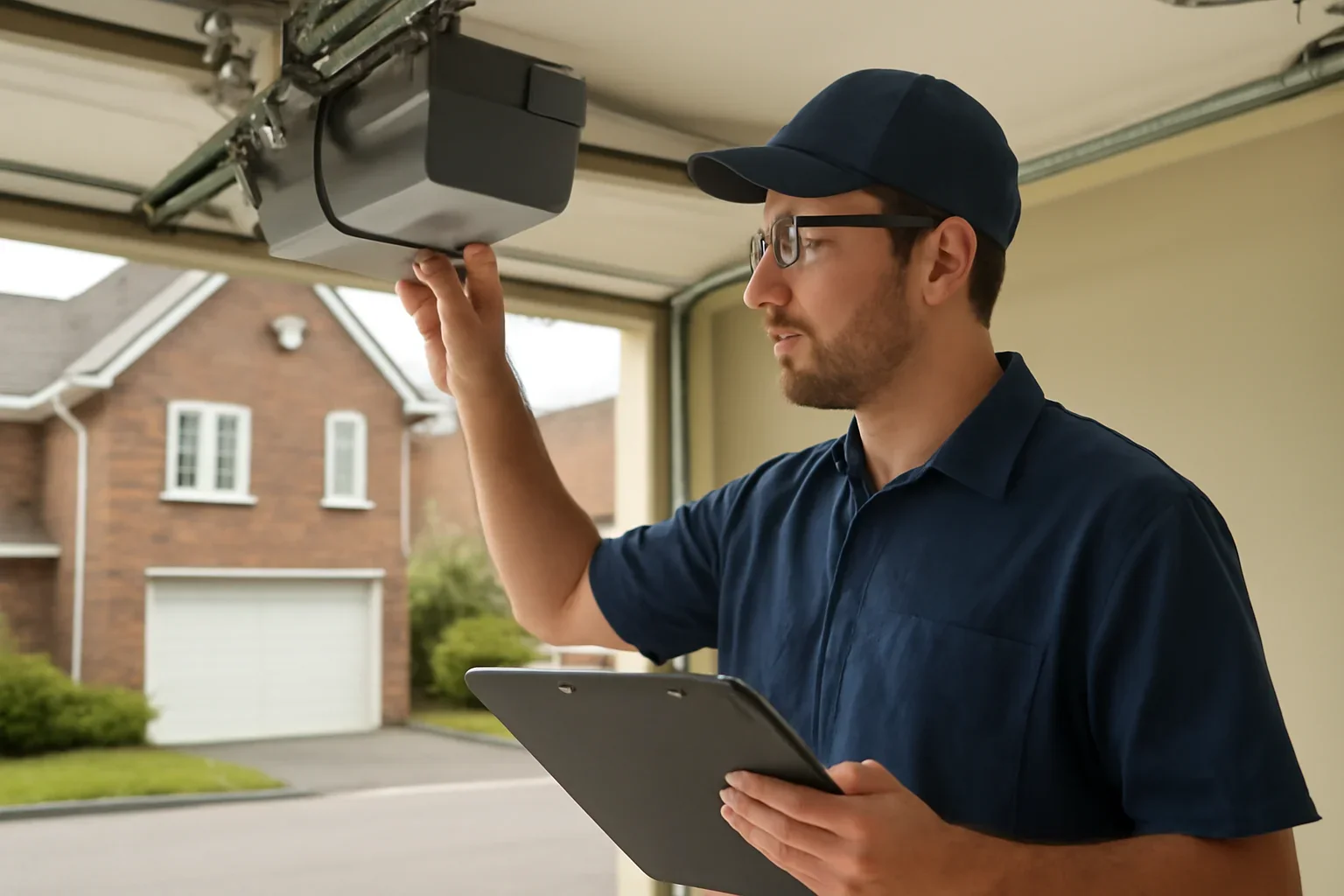 Garage door technician reviewing garage door opener repair in Guildford Surrey