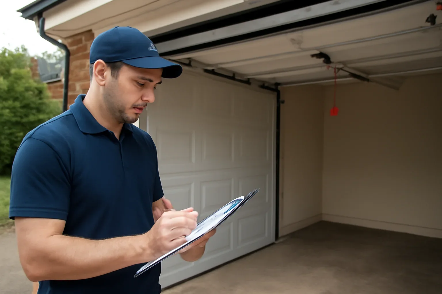 Garage door technician reviewing garage door opener repair in Guildford Town Centre Surrey