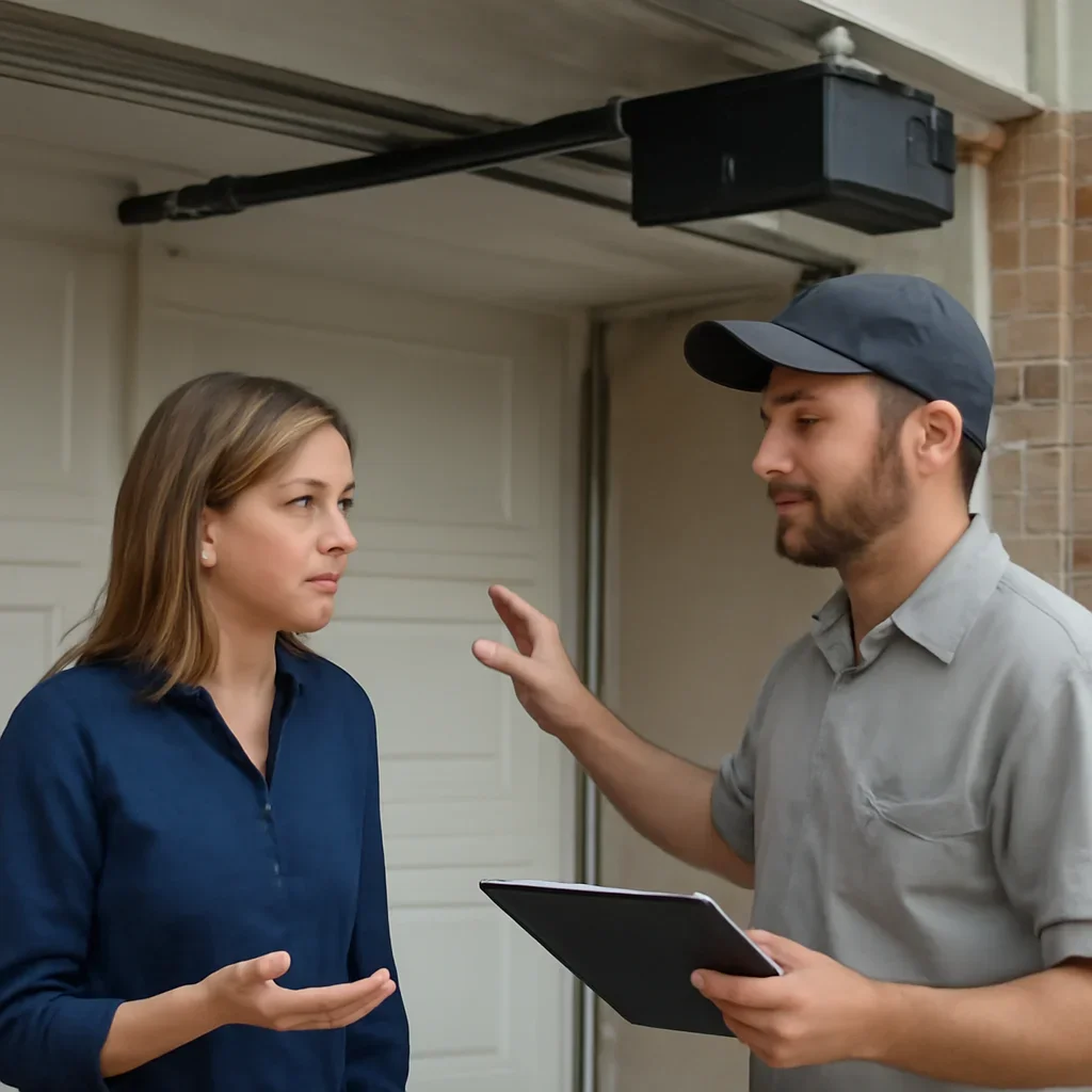 Homeowner or property manager discussing garage door opener repair in King George Corridor Surrey