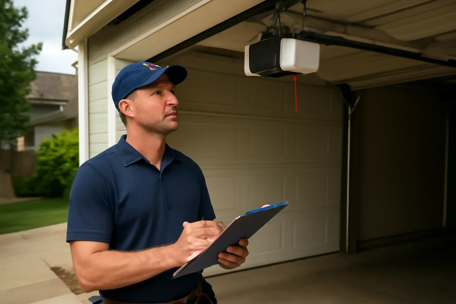 Garage door technician reviewing garage door opener repair in King George Corridor Surrey