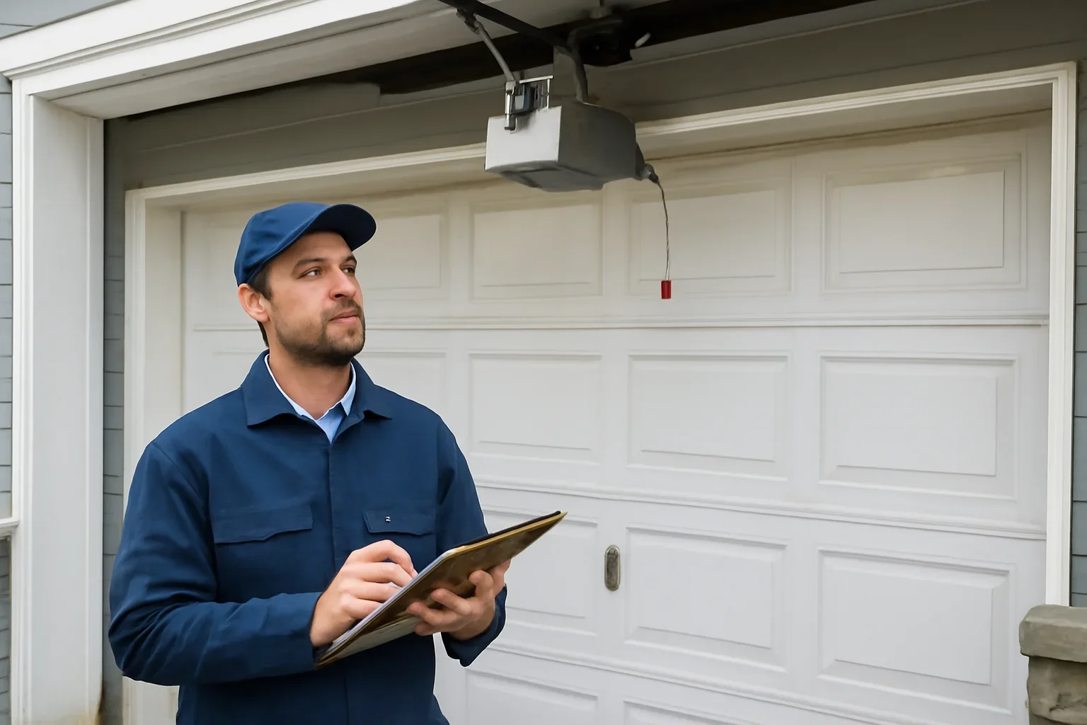 Garage door technician reviewing garage door opener repair in Morgan Heights Surrey