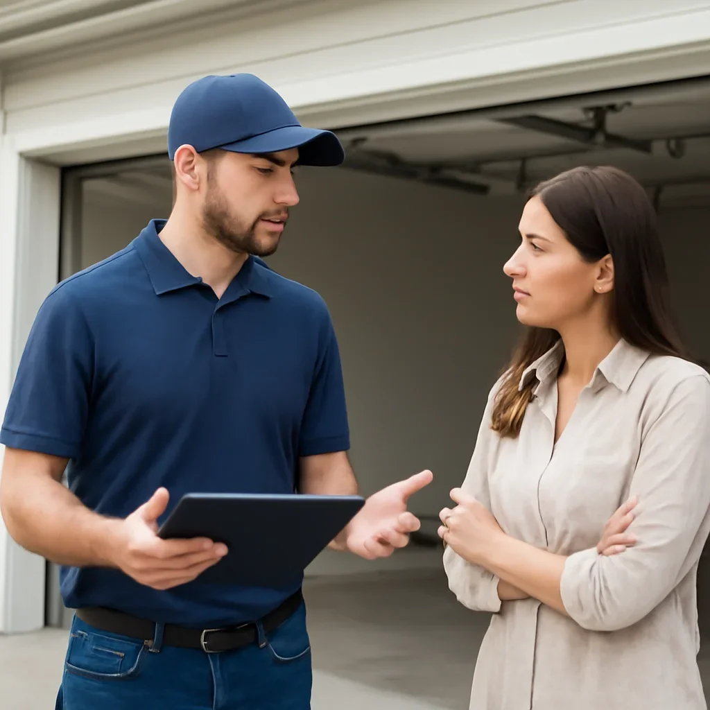 Homeowner or property manager discussing garage door opener repair in Newton Surrey