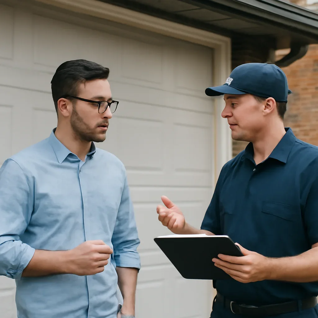 Homeowner or property manager discussing garage door opener repair in Newton Town Centre Surrey