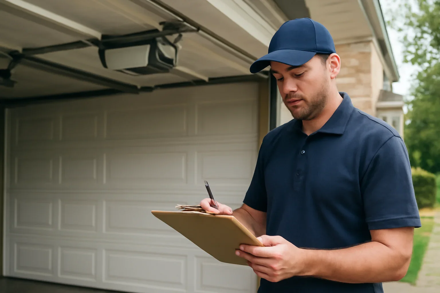 Garage door technician reviewing garage door opener repair in Newton Town Centre Surrey
