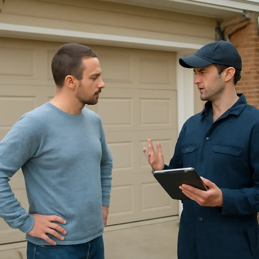 Homeowner or property manager discussing garage door opener repair in Ocean Park Surrey
