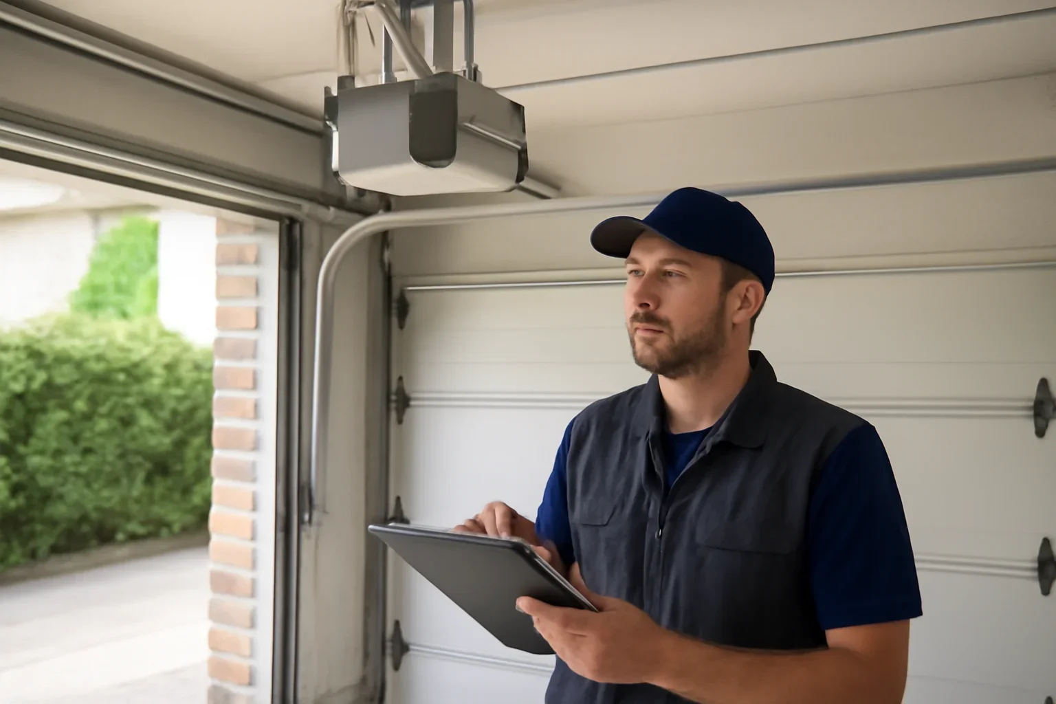Garage door technician reviewing garage door opener repair in Ocean Park Surrey