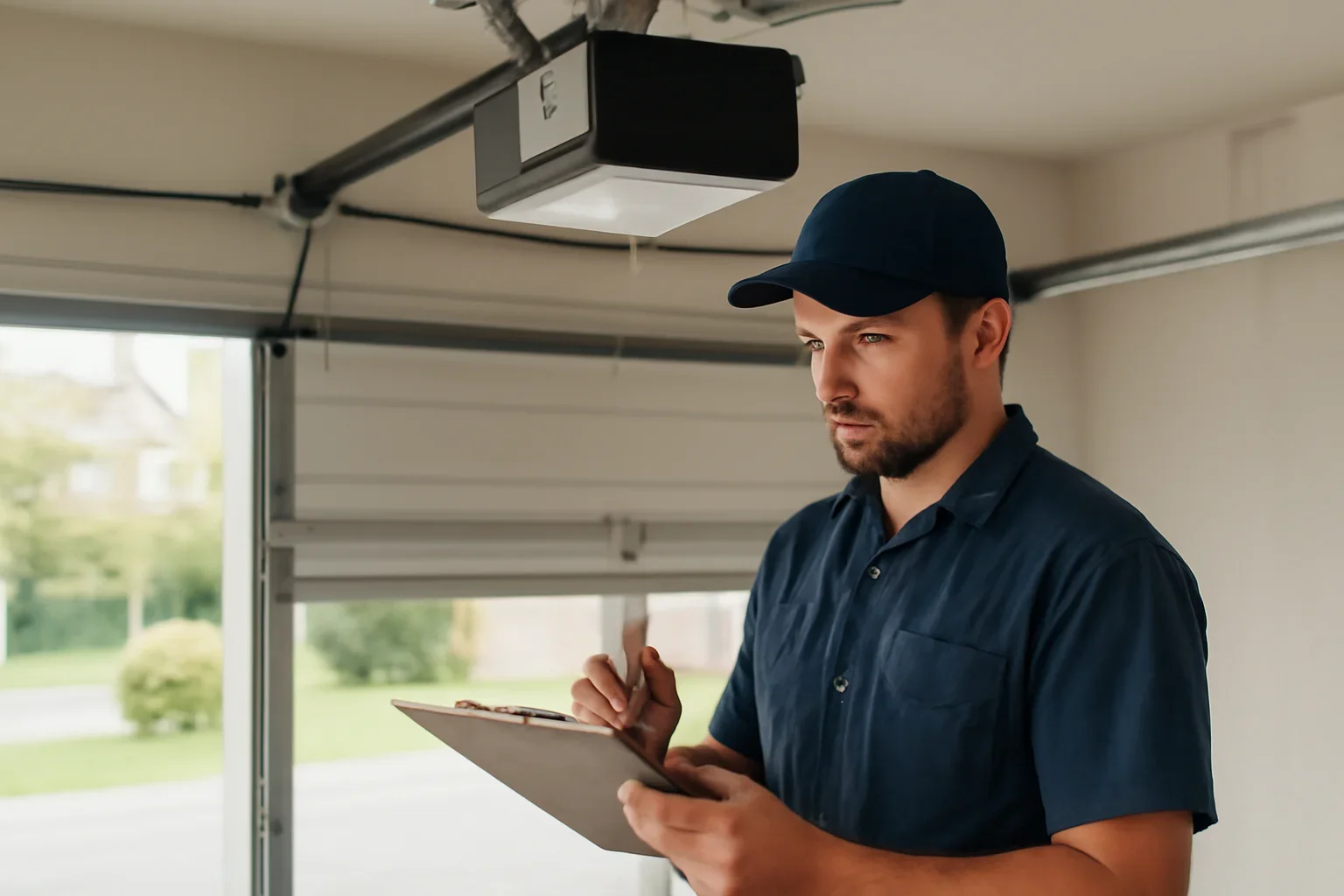 Garage door technician reviewing garage door opener repair in Pacific Douglas Surrey