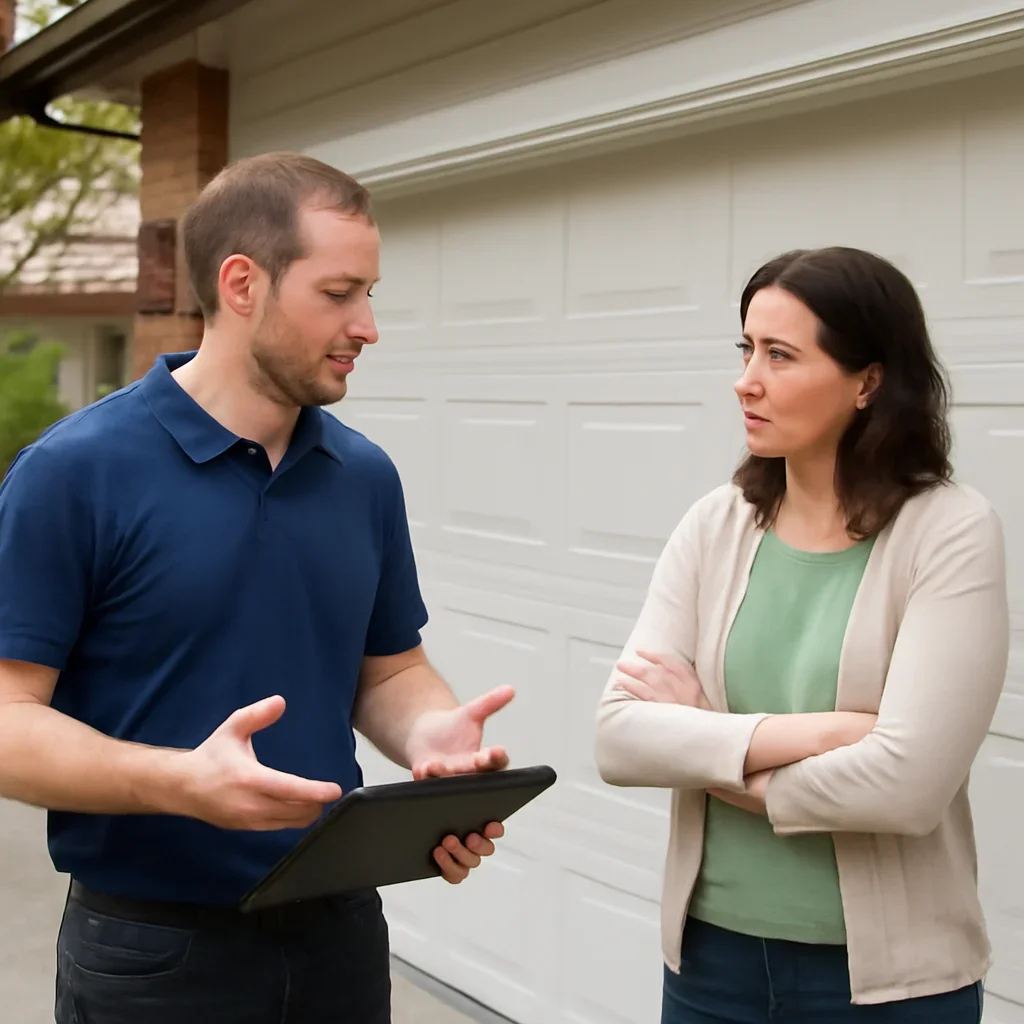 Homeowner or property manager discussing garage door opener repair in Panorama Ridge Surrey