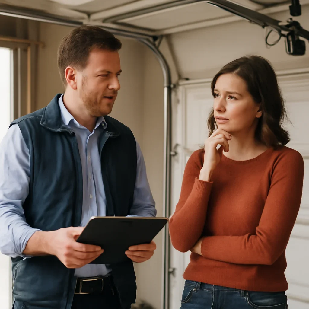 Business owner or property manager discussing garage door opener repair in Port Kells Surrey