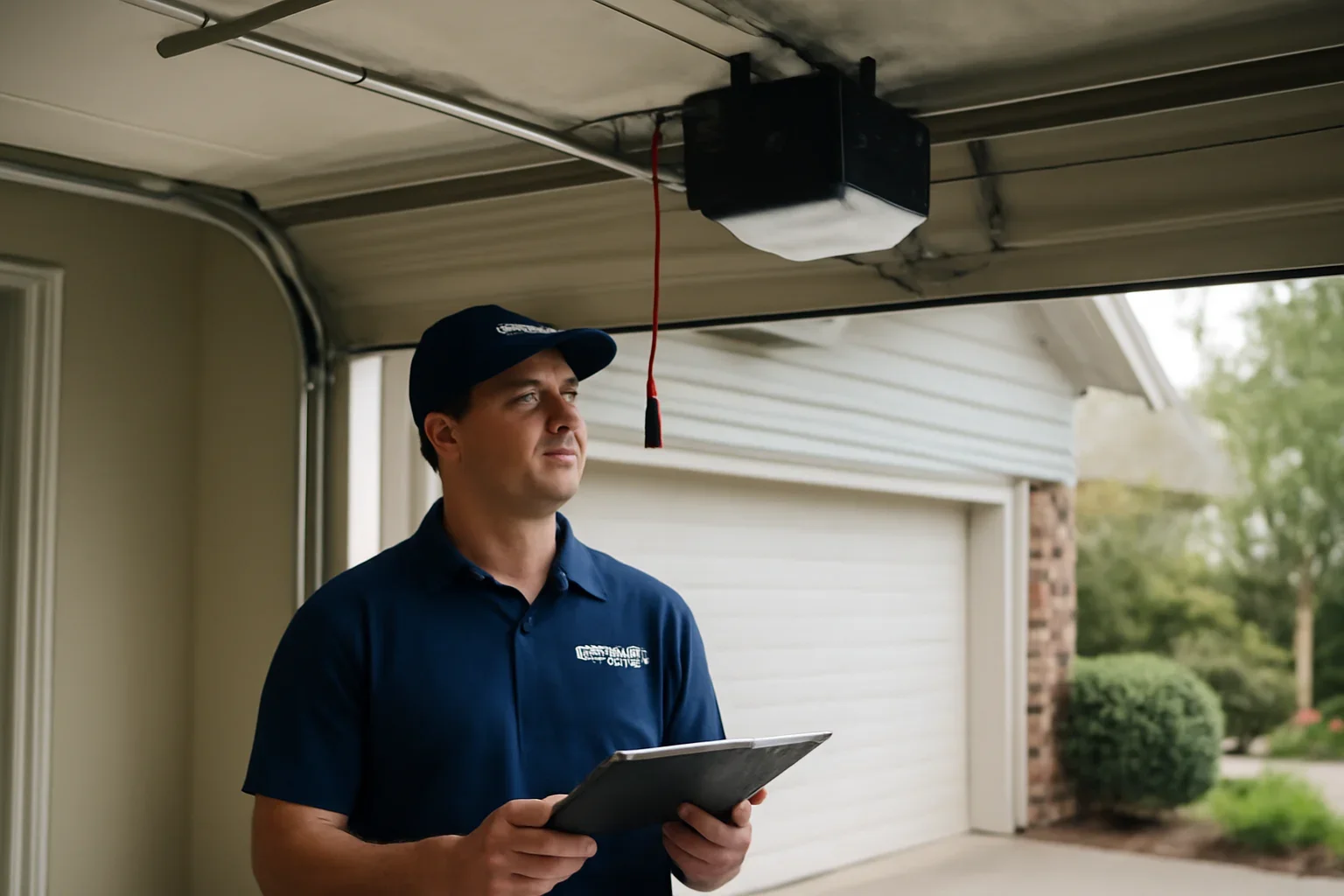 Garage door technician reviewing garage door opener repair in Port Kells Surrey