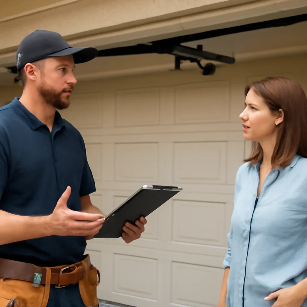 Homeowner discussing garage door opener repair in Queen Mary Park Surrey